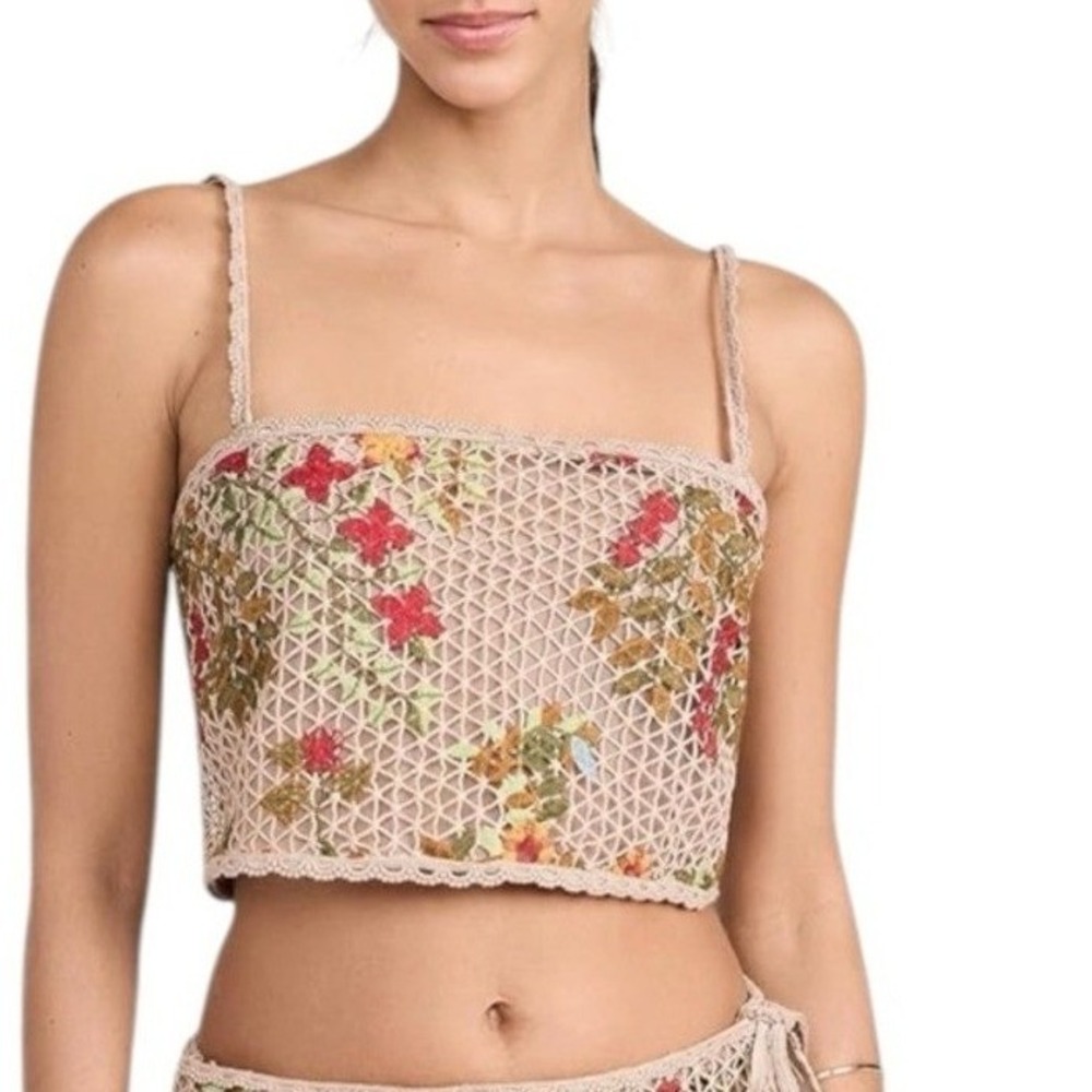 Agua Bendita Tan Floral Crochet Corset Tile Vicky Crop Top Size Medium New